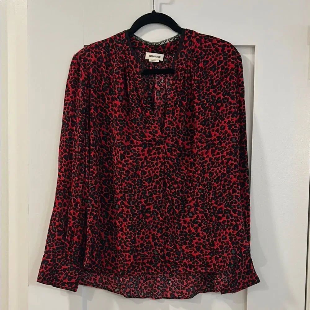 Zadig & Voltaire Black and Red Leopard Print V-Neck Blouse, Size Medium